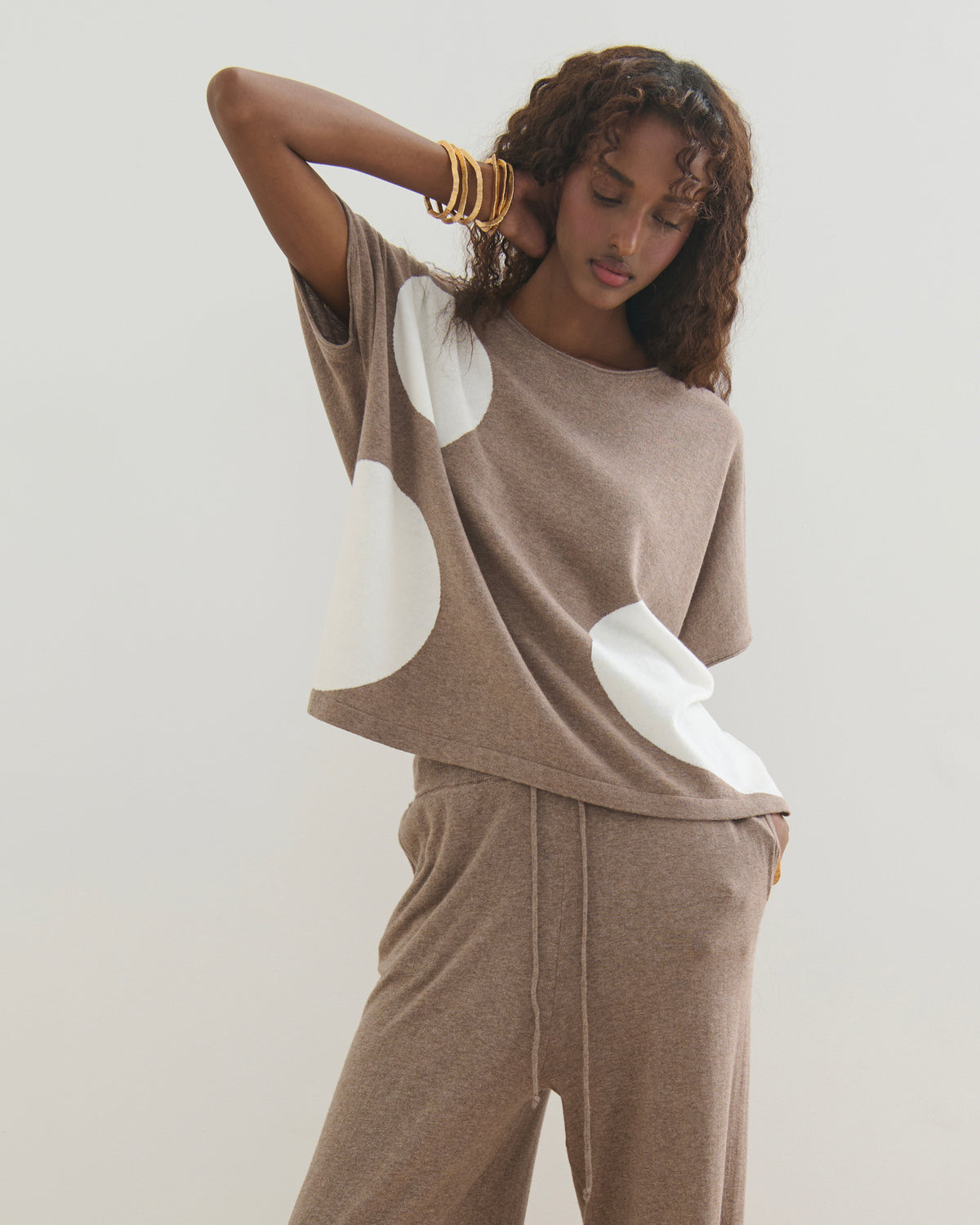 AIRY POLKA COTTON CASHMERE TOP - TAUPE