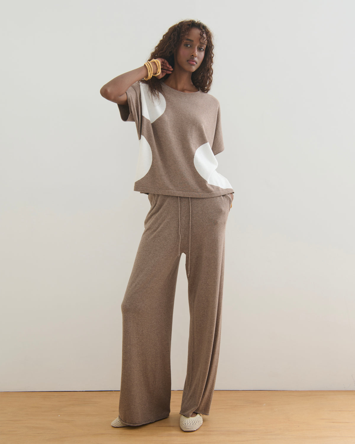 AIRY POLKA COTTON CASHMERE TOP - TAUPE