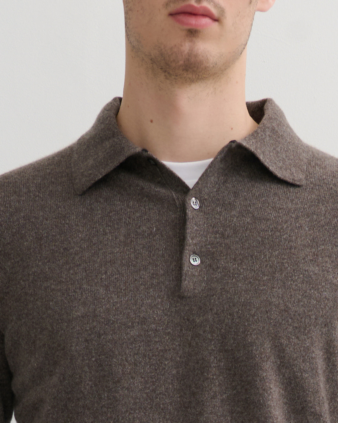 Detail of open placket and soft collar on Mink Marled Cashmere Polo