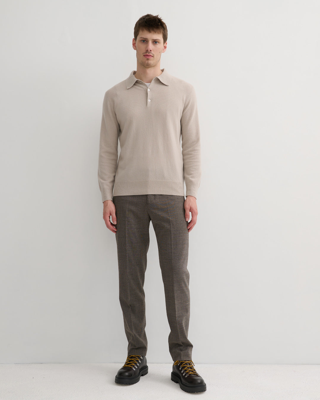 Men's 100% Cashmere Polo Style Pullover in Ceramic clay hue- Front View
