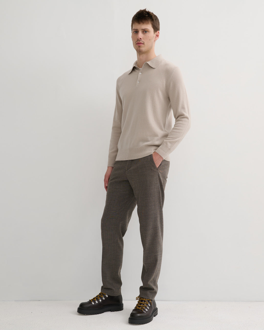 Model wearing Size L Men's Cashmere polo style Pullover in ceramic clay hue- Relaxed