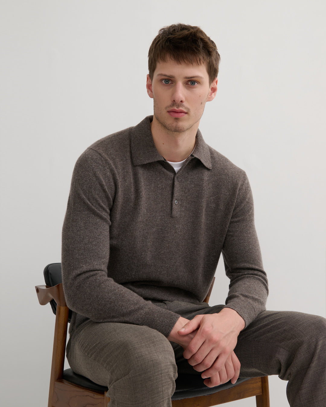 Men's 100% Cashmere Polo Style Pullover in Mink Melange Earth Tone - Front View