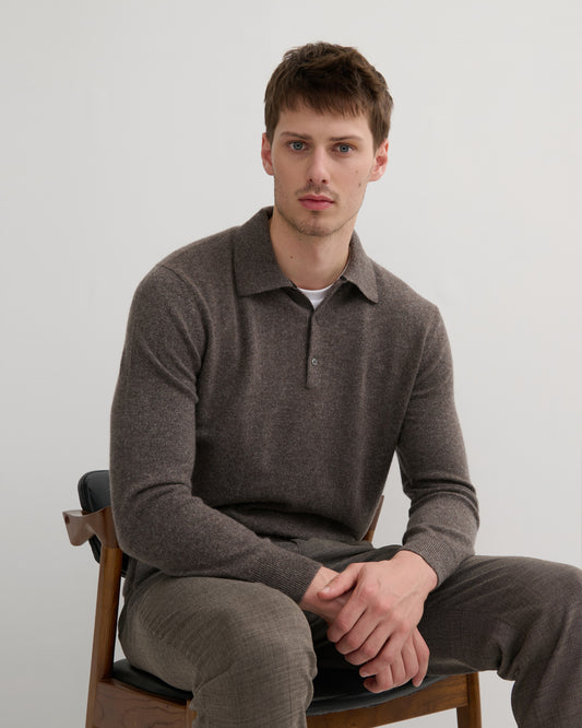 Men's 100% Cashmere Polo Style Pullover in Mink Melange Earth Tone - Front View